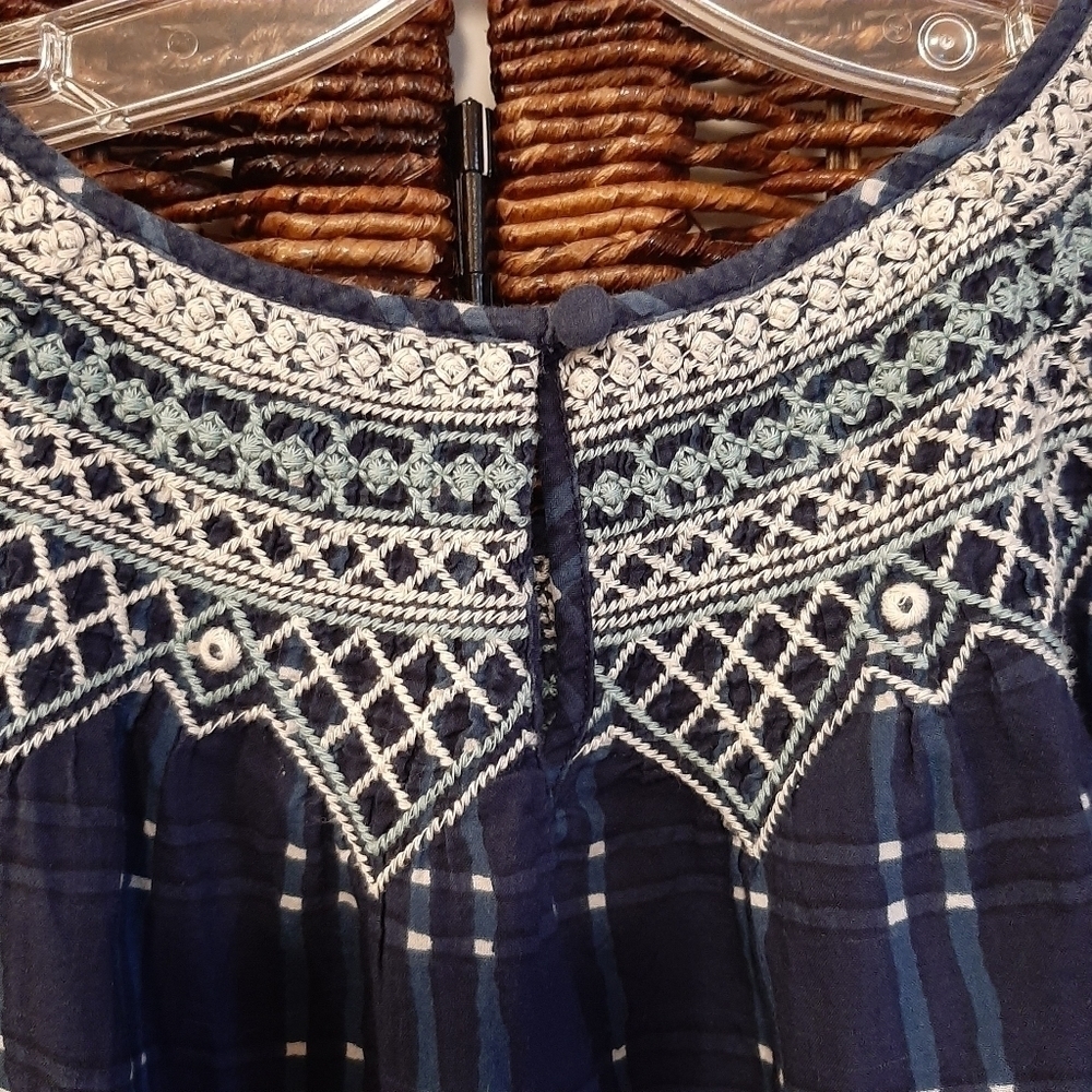 Madewell Embroidered Puff Sleeve Babydoll Mini Dress Indigo Plaid XS Navy Blue - Picture 8 of 12